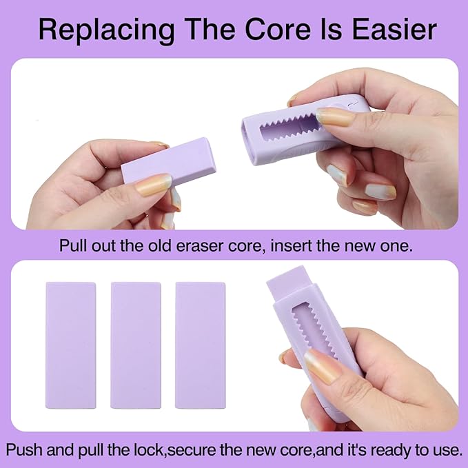 3+1 Pack Retractable Erasers – Soft Rubber Push-Pull Pencil Erasers with Plastic Sleeve & 3 Refills for School, Home, or Office (Purple)