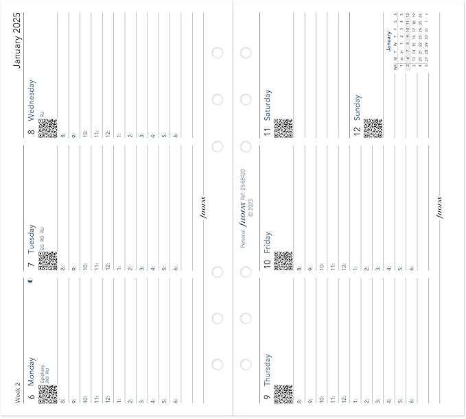 Filofax Calendar Diary Refill, Personal/Compact Size, Week-to-View with Appointments, Horizontal, White Paper, Ruled, English, 2025 (C68420-25)