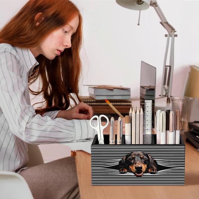 Funny Dachshund Pen Pencil Holder for Desk, Dachshund Gifts for Women Men, Weiner Dog Gifts, Dog Office Decor Wooden Box Sign Decorations for Home Office Bedroom Desk Tabletop