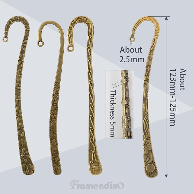 Framendino, 12 Pack Metal Bookmarks, Antique Vintage Bookmark Hooks, Flower Carved Hairpin Stripe Book Marks with Loop for DIY Jewelry Making Charms