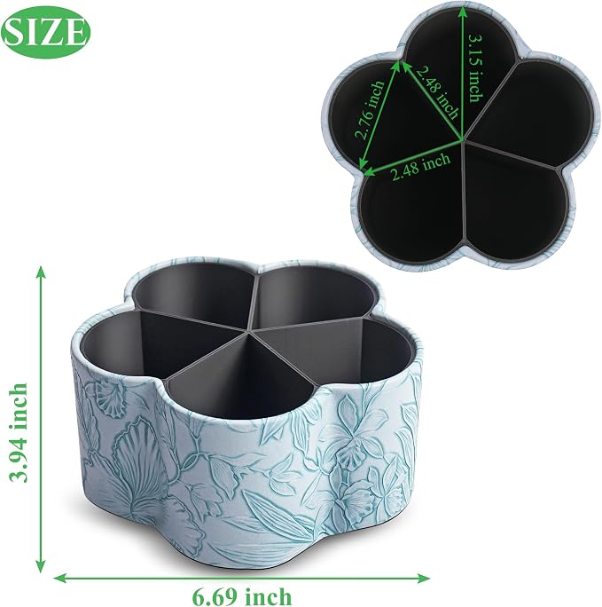 Flower Shaped Leather Art Supply Organizer,Remote Control Holder,360 Degree Spinning,Multi-Functional Pencil Holder,5 Compartments Desktop Stationary Organizer(1-Flower Blue)