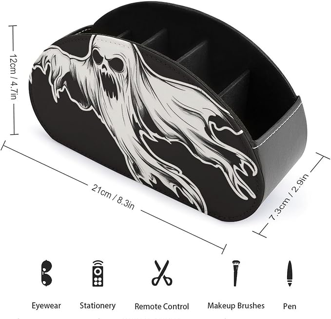 Creepy Ghost Remote Control Holder with 5 Compartments Leather TV Remote Caddy Remote Storage Box Desktop Organizer for Pen/TV Remotes/Media Controllers/Office Supplies