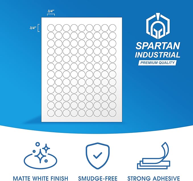0.75" Printable Round Labels for Inkjet and Laser Printers - 10800 Blank Stickers, 100 Sheets for Price Tags, Thank You Stickers, QR Codes, Business Logos - Spartan Industrial Template C001