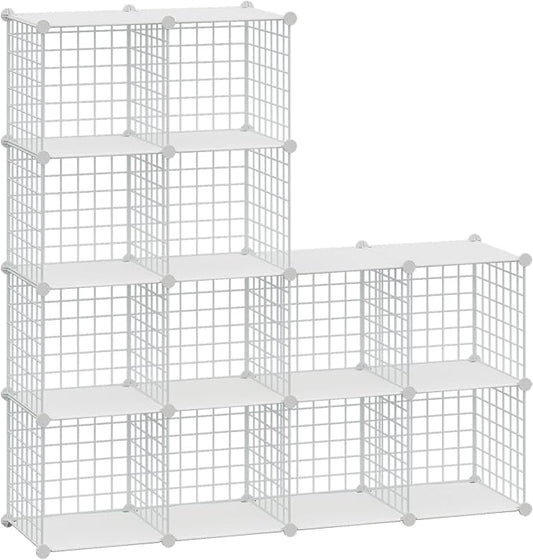 HUBSON Wire Cube Storage Organizer, Book/Toy/Craft/Potted Plants and petCloset Organizers and Storage Shelves, 12-Cube Freely Combinable Metal Grids Storage Shelf,White Plus Iron