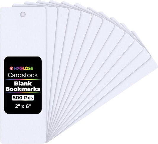 Hygloss Blank Bookmarks to Decorate - 500 White DIY Bookmark Cardstock Blanks - 2x6 Inch, Pre-Punched Hole - Perfect for Craft Projects, Classroom Activities, Custom Gifts - 65 lb Paper