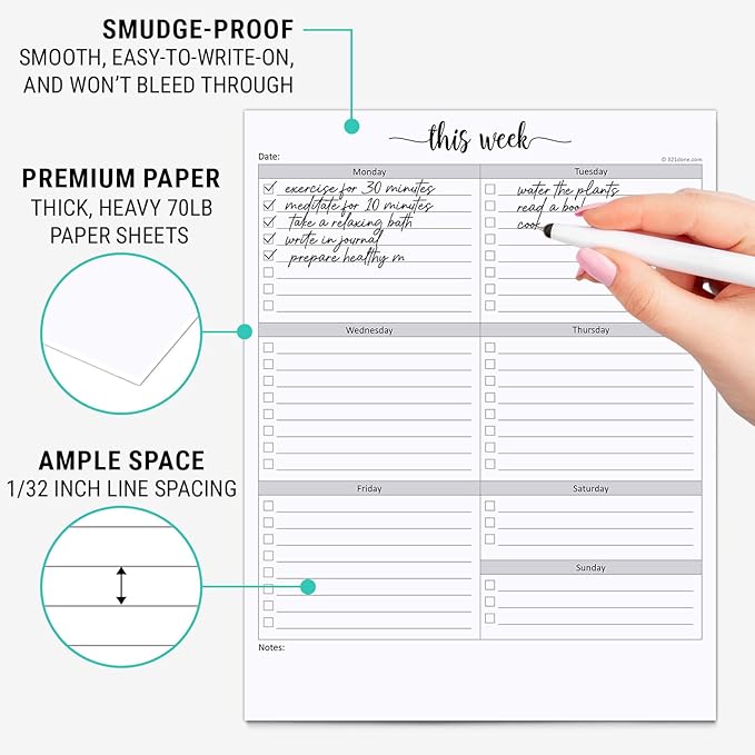 321Done Weekly Checklist Planning Pad - 50 Sheets (8.5" x 11") - This Week to Do Notepad Tear Off, Desktop Planner Large Letter-Size - Made in USA - Simple Script