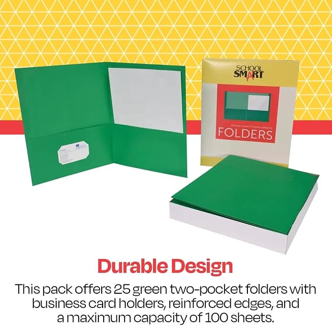 School Smart 2-Pocket Folders with No Brads, Green, Pack of 25