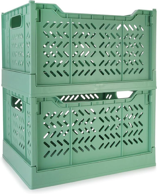 Domiella 2-Pack Crates for Storage, Storage Crates Plastic Stackable, Foldable Crate for Office Home Kitchen Bedroom Bathroom (Tall, Green)