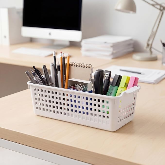 Domensi White 12 Pcs Slim Plastic Storage Baskets for Organizing 11.6" x 5" x 3.4" Small Narrow Storage Bins with Handles & Label Area Thin Pencil Trays for Bathroom Drawer Office Desk Closet