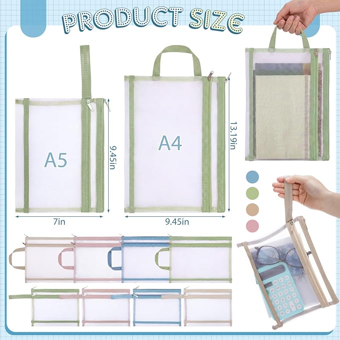 MotiMind 48 Pack Double Layer Mesh Zipper Pouch Bags A4 & A5 Large Capacity Zipper Mesh Bags for Organizing Storage Colored Storage Pouch with Handle for School Office and Home