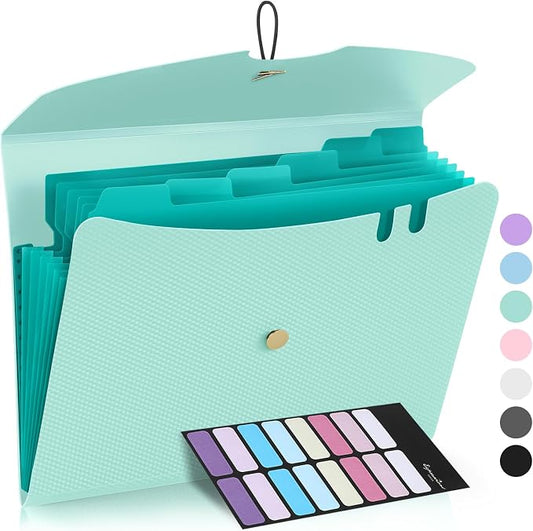 Sooez 7 Pocket Accordion File Organizer, Premium Expanding File Folder, Letter Size Folders for Documents, Sleek Filing Folders with Bungee Closure, Portable Folders for School Office Supplies, Green