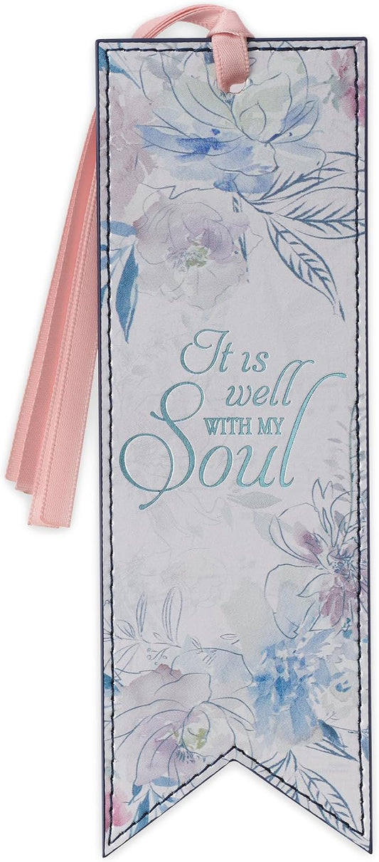 Christian Art Gifts Premium Vegan Faux Leather Scripture Bookmark for Women: It is Well with My Soul Hymn - Inspirational Heat-Debossed Faith-Based Reading Book Accessory w/Ribbon Tassel, Floral Pink