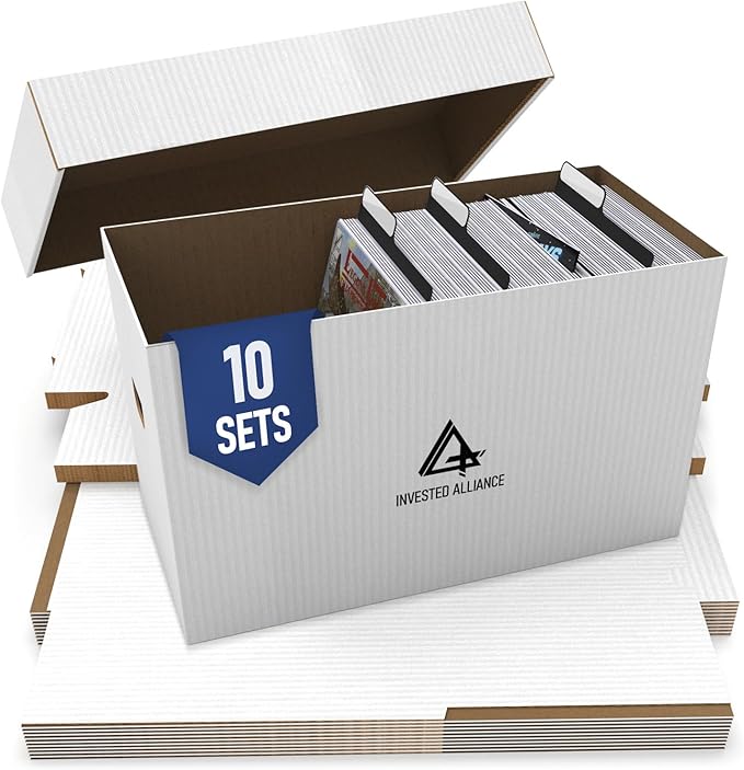 Invested Alliance Premium Short Comic Book Storage Box Organizer with Lid | Thick Cardboard Comic Storage Box For Collectibles Fits 150-175 Current/Silver Age, Heavy Duty & Stackable.