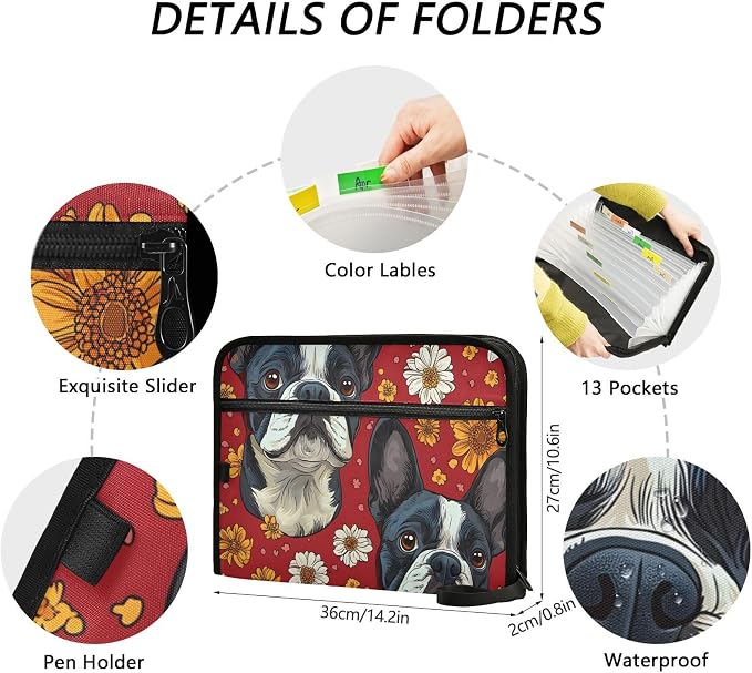 Purple Butterfly Grass Boston Terrier Dog Daisy Expanding File Folder Accordion File Organizer 13 Pockets Document Organizer with Zipper Labels Office Storage for Letter A4