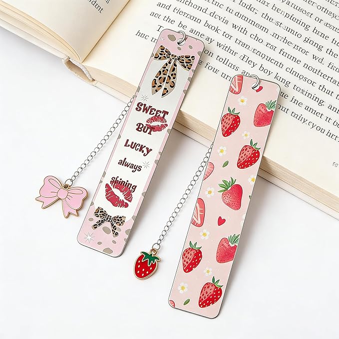 Pink Bow Metal Bookmark Gift Silver Chain Pendant with Bow for Women's Christmas Gift Book Lover Book Accessories School Supplies Office Stationery (Strawberry Bow 2PCS)