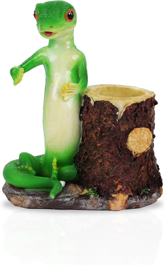Green Gecko Pencil Holder with Tree Stump or Barrel Storage, Figurine Desktop Accessory (Tree Stump)