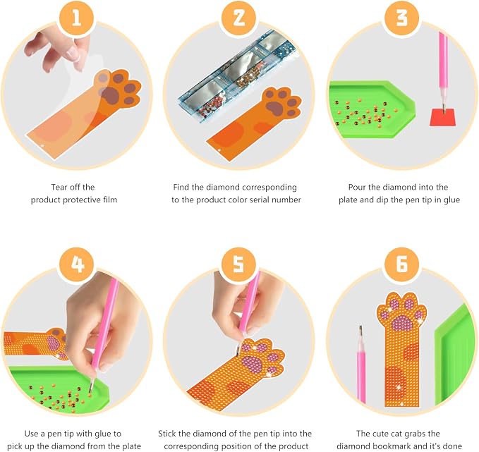 6 PCS Art Bookmarks Kits Diamond Painting Bookmark Cat Paw Bookmarks DIY Bookmark Kit with Tool Accessories Suitable for Adults