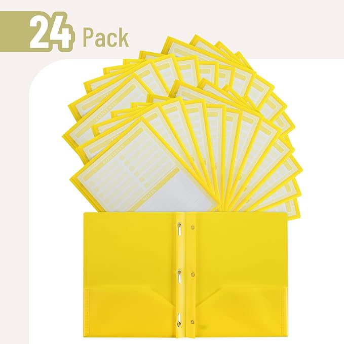 Mr. Pen- Plastic Folders with Pockets and Prongs, 24 Pack, Letter Size, Yellow, Flexible Plastic Folders with Prongs, Clear Front Pocket and Card Slot