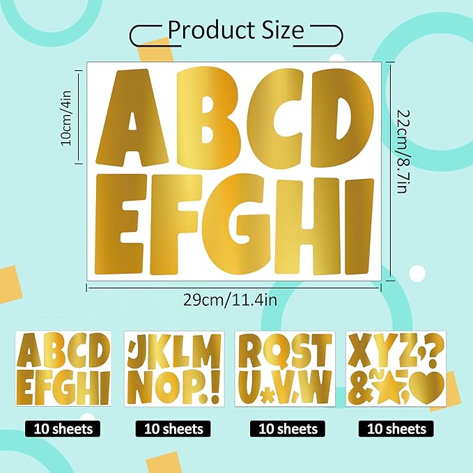 390 PCS Bulletin Board 40 Sheets Letters Large Letter Stickers Vinyl Waterproof Self-Adhesive Alphabet Sticker Letters for Poster Board Display Classroom School Mailbox Home Decor (4 Inch, Gold)