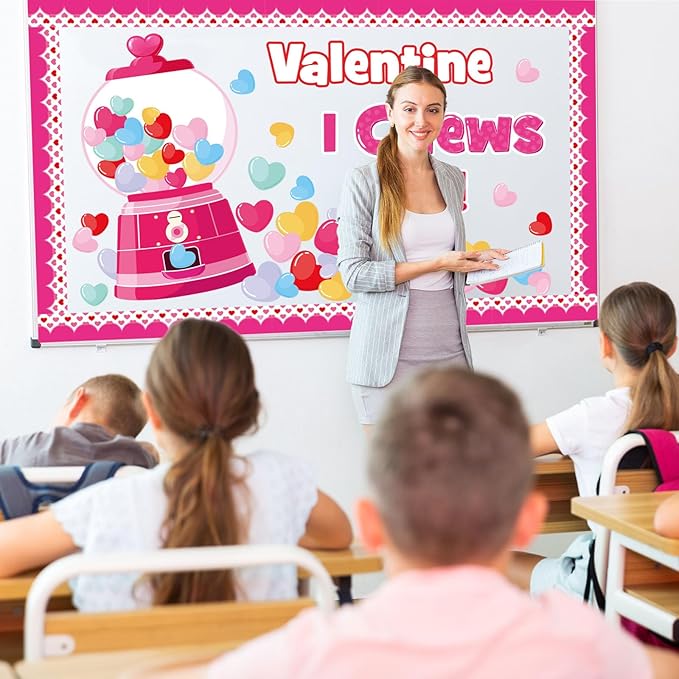 Valentine's Day Gumball Machine Bulletin Board Set, Valentines Day Bubble Gumballs Bulletin Board Classroom Decorations Colorful Heart Cutouts Home Wall Party Decor for Teacher(Valentine I Chews You)