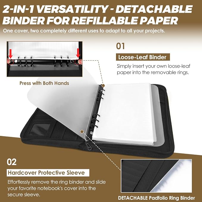 Tactical Notebook Cover, A5 Padfolio 6 Ring Binder with Big Back Pocket & Hand Strap, Zippered Hardcase Planner for Journal, College, Office, Field (Black, A5(7.3 x 10 inches))