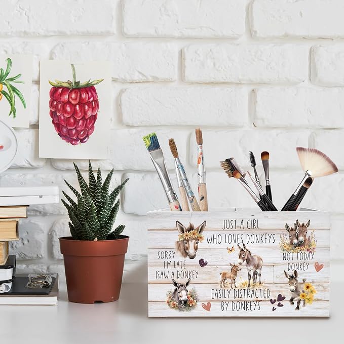 Farmhouse Donkey Pen Holder for Desk, Donkey Lovers Gifts Pencil Organizer, Rustic Floral Farm Animal Wooden Box Sign Desk Decor for Farmhouse Home Office Decoration