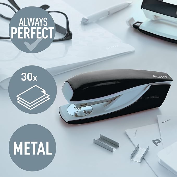 Leitz Stapler, 30 Sheet Capacity, Ergonomic Metal Body, Includes Staples, Wow Range, 55021001 - Black