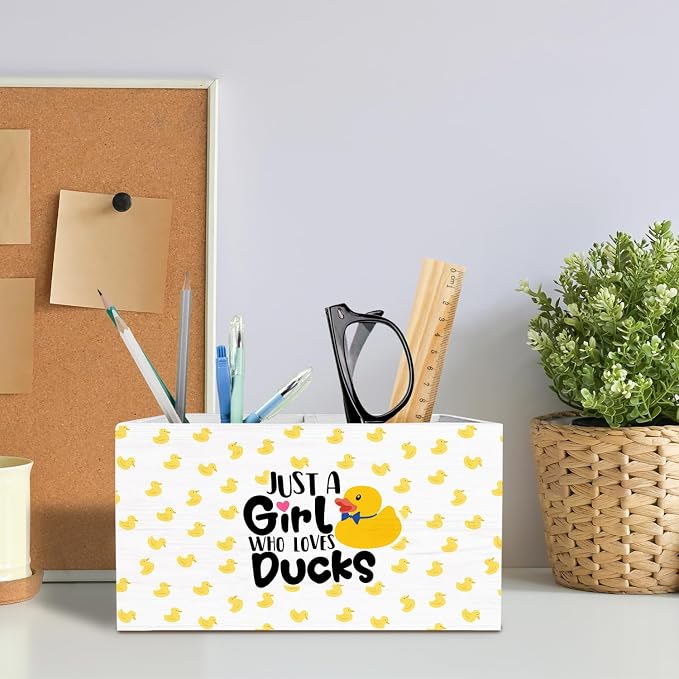 Yellow Duck Pen Holder for Desk, Gifts for Duck Lovers Pencil Organizer, Just a Girl Who Loves Ducks Wooden Box Sign Desk Decor for Home Office Decoration