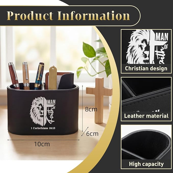 Dunzoom Gift for Father's Day Christian PU Leather Pen Holder for Desk, Bible Verse Pencil Cup Organizer, Religious Gift for Men, Pastor, Dad, Office Decor(Man of Faith)