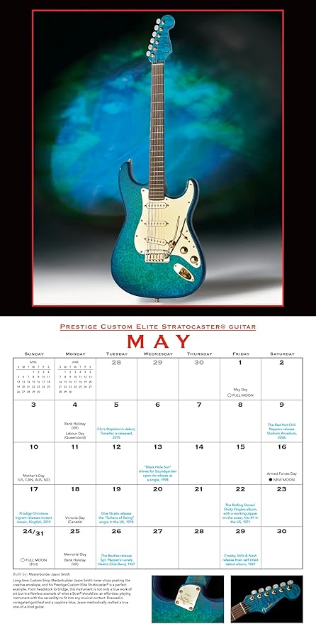 Fender Custom Shop Guitars 2026 Wall Calendar, 12-Month Guitar & Music Photography Calendar, 12" x 12", 2026 Monthly Calendar Planner with Large Grids