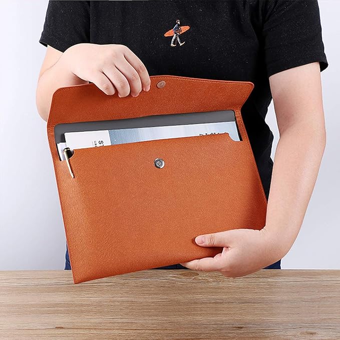 PU Leather A4 File Folder Document Holder Waterproof Portfolio Envelope Folder Case with Snap Closure Brown