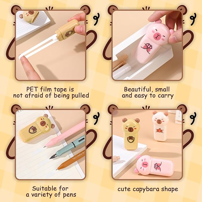 Geluode 3 Pack Capybara Correction Tape Cartoon Correction Tape Cute White Out Cute Capy School Supplies for Student Writing Office School Stationery Supplies, 1/5in.x 19.7ft.(5mm x 6m)