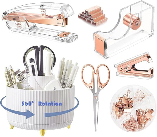 Gawsey Rose Gold Desk Organizers and Accessories with Desk Organizer 360° Rotating Pen Holder and Office Supplies, Cute Stationery Supplies Set