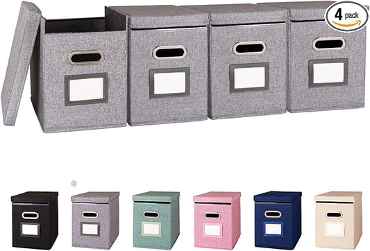 4 Pack Hanging File Folders Organizer with Lid, Letter Size Fabric File Storage Box Collapsible, Portable Office Document Holder with Metal Handle, Smooth PVC Rails, Gray