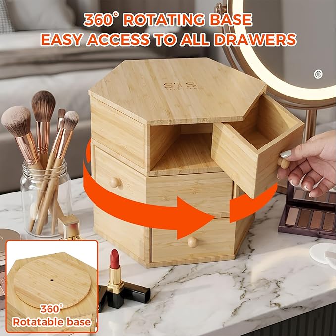 360° Rotatable Bamboo Desktop Organizer, Large Capacity Cosmetic & Jewelry Storage for Makeup Serum, Diamond, Easy Setup No Assembly (3-Tier 9-Drawers)