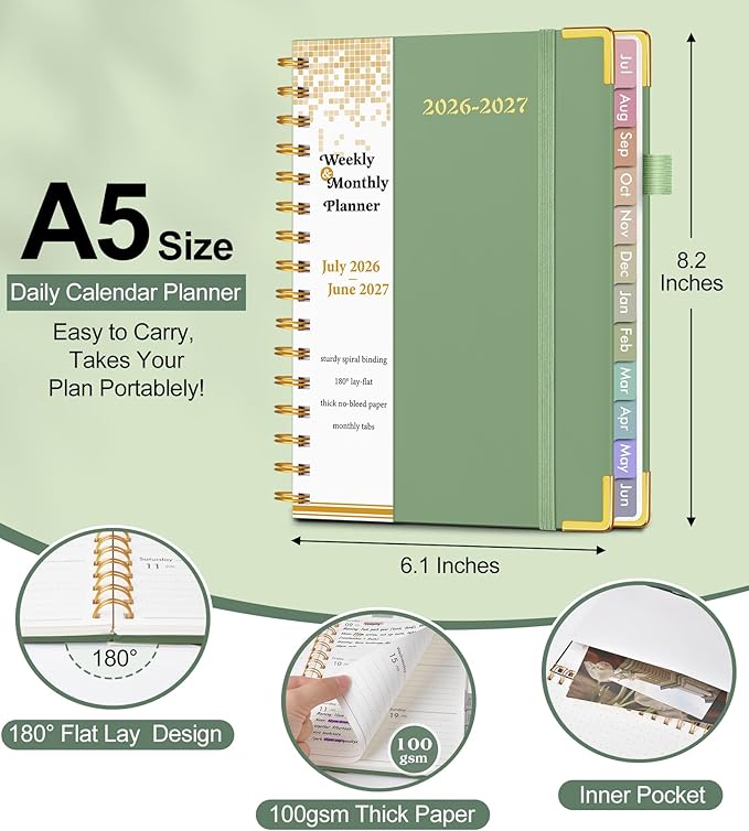 Academic Planner 2026-2027, Hardcover Weekly and Monthly Calendar Planner from July 2026 - June 2027, Daily Agenda Planners with Tabs, College School Organizer for Student Teacher, A5 (6.1" x 8.2"), Green
