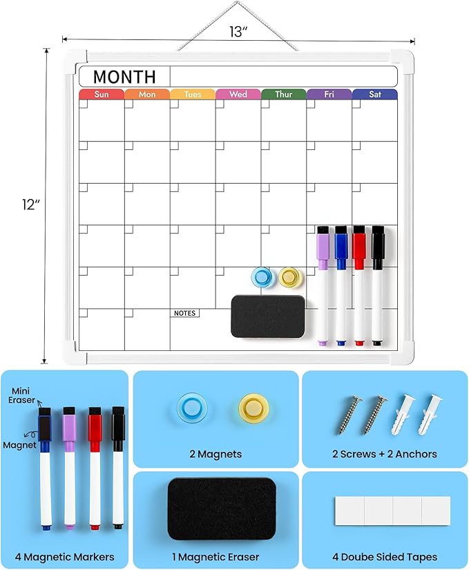 VITEVER Calendar Whiteboard for Wall, Double-Sided Dry Erase Board, Hanging Monthly Planning Board, Small White Board for Memo, to Do List, Home, Kitchen, Office Accessories