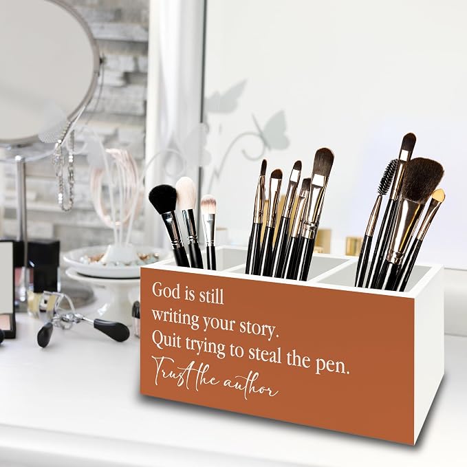 Inspirational Christian Pen Pencil Holder Organizer for Desk, God Is Still Writing Your Story Bible Verse Religious Terracotta Wooden Box Sign for Office Home Desk Tabletop Decorations