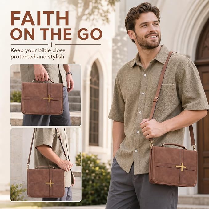 Bible Cover for Men and Women, PU Leather Large Bible Bag with Handle & Shoulder Strap, Bible Carrying Case with Cross Design and Pockets for Church, Bible Study & Christian Gifts, Brown