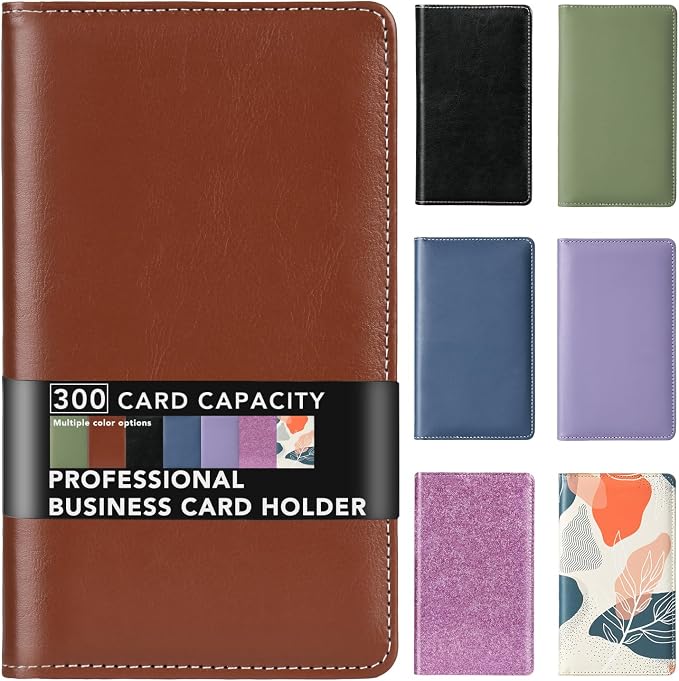 Leather Professional Business Card Holder Organizer Book - 300 Card Capacity Premium PU Folder with Soft Cover, Name Card Credit Cards Binder for Men/Women, Red Brown