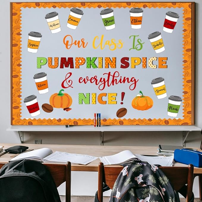 Fall Coffee Cup Bulletin Board Set – “We are Pumpkin Spice and Everything Nice” Pumpkin & Coffee Cutouts for Autumn Classroom Décor, Thanksgiving, Halloween and Fall Bulletin Board Display
