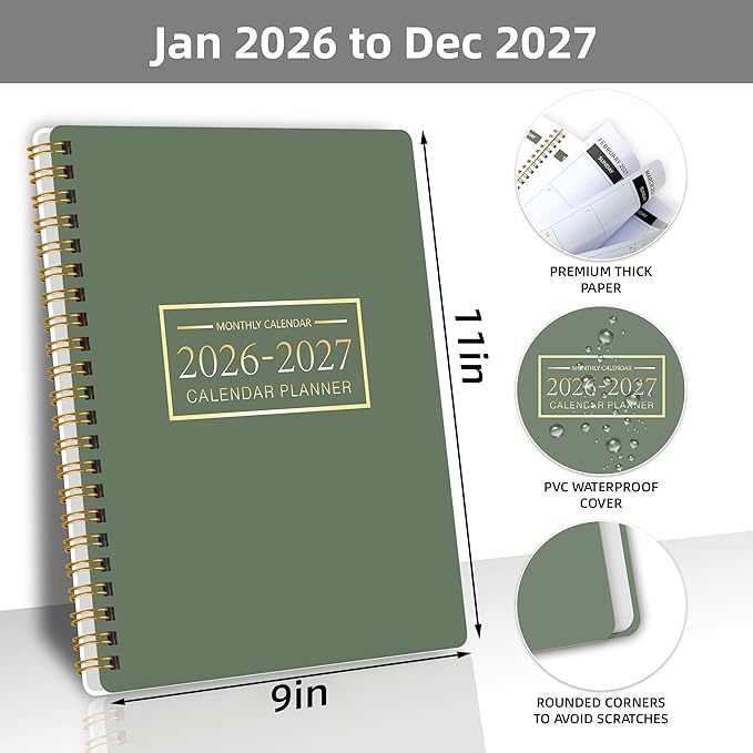 Monthly Planner Jan 2026 - Dec 2027, Calendar Planner for 24 Months, 9×11 Inch, Teacher Monthly, Waterproof PVC Cover, Spiral Bound, Time Management Calendar, Perfect for School & Office (Green)