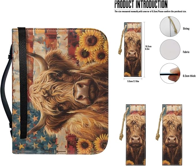 Lotusorchid Highland Cow Leather Bible Cover with Matched Book Marks, American Flag Bible Carrying Case Bible Bag for Women, Protective Bible Case with Pen Storage, Brown, Size 2XL