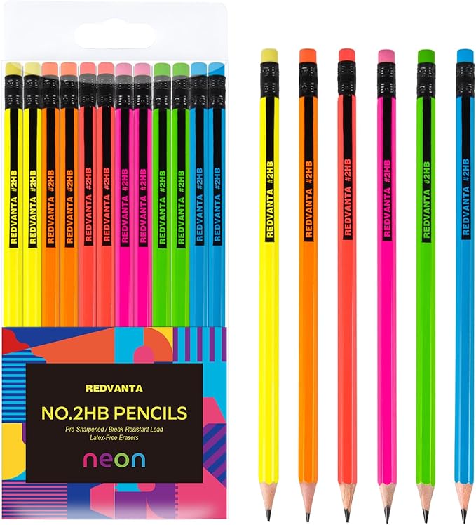 Pre-Sharpened Pencils #2 HB for Kids, Neon School Number 2 Pencils with Latex-Free Erasers, Smooth Writing, Break-Resistant, Easy to Sharpen, Comfort Grip, Back to School Supplies, 12 Count