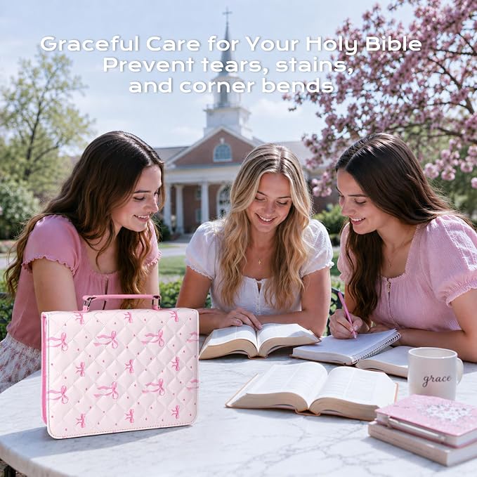 XKDOUS Bible Cover Case for Women Leather Quilted Bible Bag Organizer Large Book Carrying Case with Handle, Pens, Tabs, Study Supplies Journaling Kit Christian Gifts for Mom, Lady