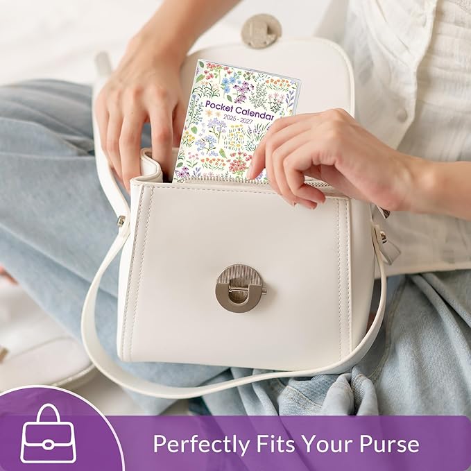 Phyxin Pocket Calendar, Pocket Planner - Runs From Jul 2025 Until Dec 2027, Small Calendar - 6.7" x 3.7", Calendar Planner for Women, Teacher, Students, Purple Flowers