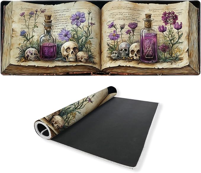 Bookshelf Desk Mat Gaming Mouse Pad Mystic Plants Dark Grimoire Magic Skull Mousepad for Keyboard and Mouse Extra Large Full Desk Computer Pads 31.5 x 11.8 Mouse Pads for Desk Home Office Gaming