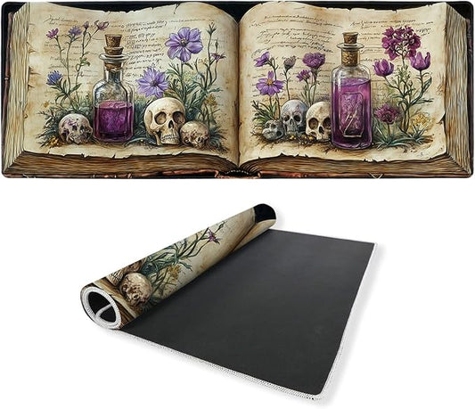 Bookshelf Desk Mat Gaming Mouse Pad Mystic Plants Dark Grimoire Magic Skull Mousepad for Keyboard and Mouse Extra Large Full Desk Computer Pads 31.5 x 11.8 Mouse Pads for Desk Home Office Gaming