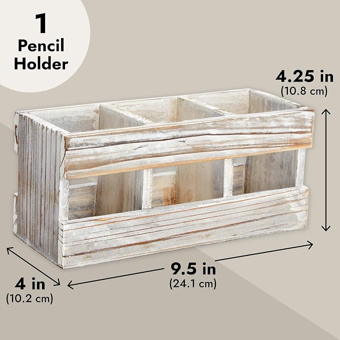Juvale Farmhouse Decor 3-Compartment Pencil Holder & Desk Organizer - 9.5 x 4.25 x 4 in - Cedarwood Rustic Finish - Rustic Pen Organizer for Office & Classroom