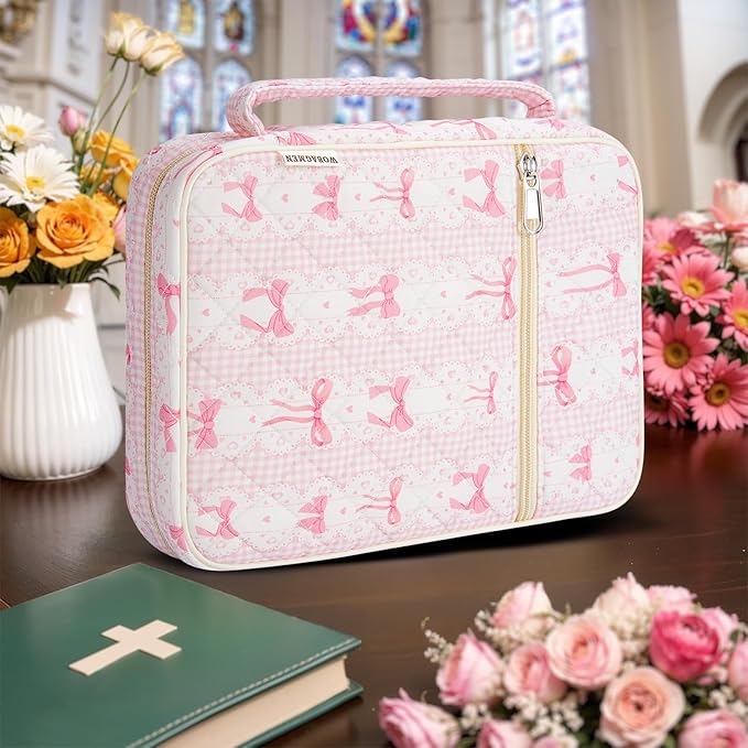 WOBAGMEN Bible Cover Case for Women,Large Bible Tote Bags Organizer Quilted Carrying Case for Girls,Bible Study Supplies Accessories Christian Gifts for Women (Pink Bow, M)